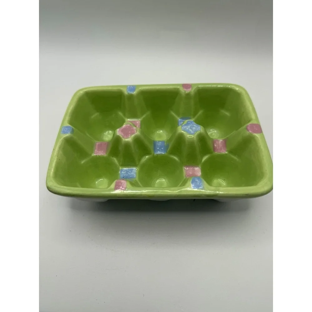 Deviled Egg Dish Tray Green Pink Blue FSG Stoneware